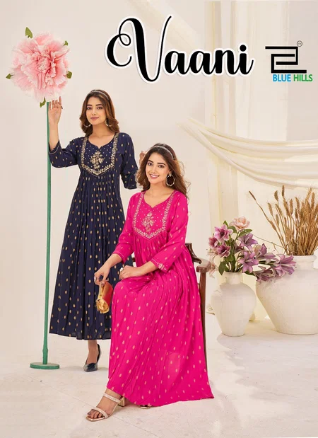 Vaani By Blue Hills Rayon With Foil Printed Anarkali Kurtis Wholesale Market In Surat
